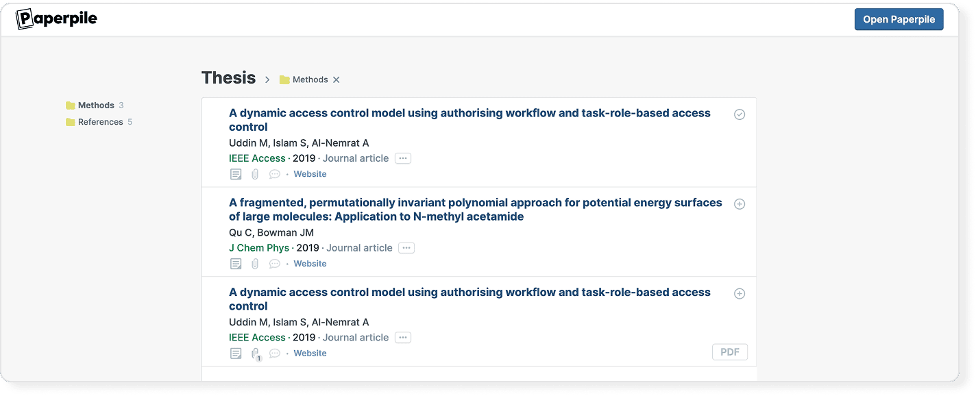 A shared-link page headed with the Paperpile logo and an “Open Paperpile” button, showing a “Thesis › Methods” breadcrumb, a sidebar of Methods and References subfolders, and three references each with an add button.